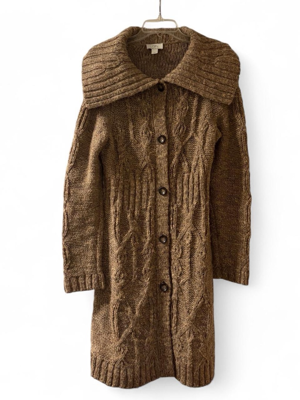 LOFT Brown Cable Knit Long Cardigan with Wide Collar
